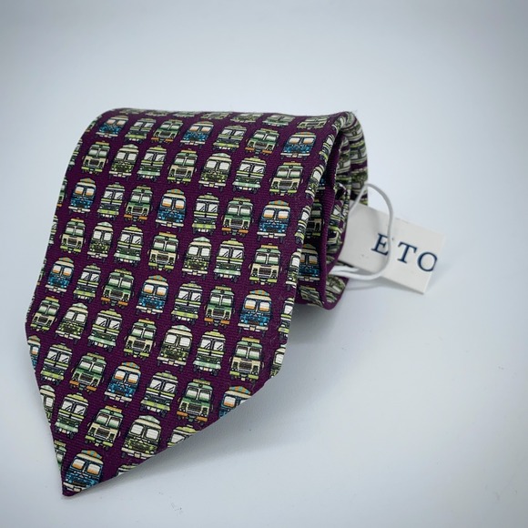 Eton Tie Men One Size Multi Trucks Print Silk Classic Fit Necktie Italy Made‎